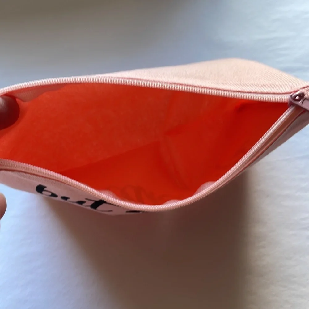 Pink cosmetic makeup bag zipper closure lightweight canvas but first makeup NWOT